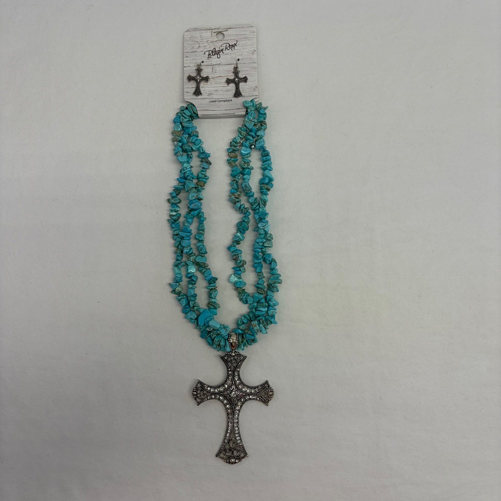 Blazin‎ Roxx Necklace Earring Set Women Turquoise Cross Rhinestone Western Boho
